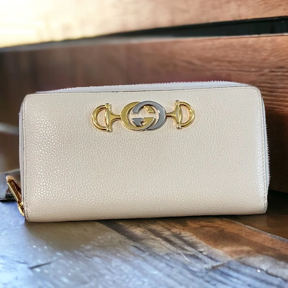 Authentic Gucci Zumi horsebit zip around wallet cream gold silver - Picture 1 of 11